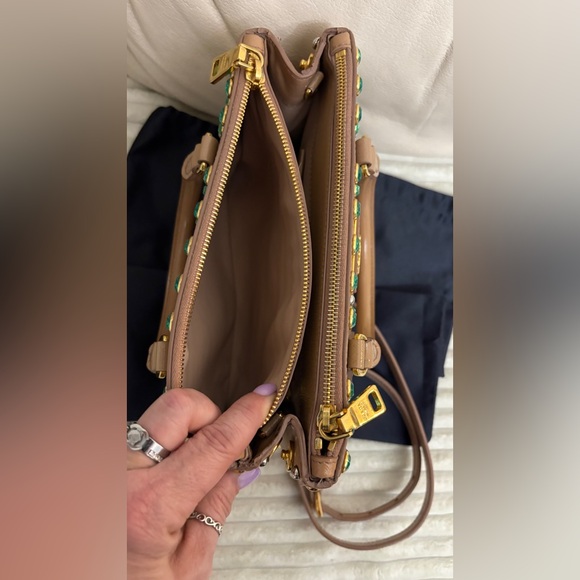 Prada Beige Saffiano Satchel with Turquoise Crystal Studs - Picture 10 of 16